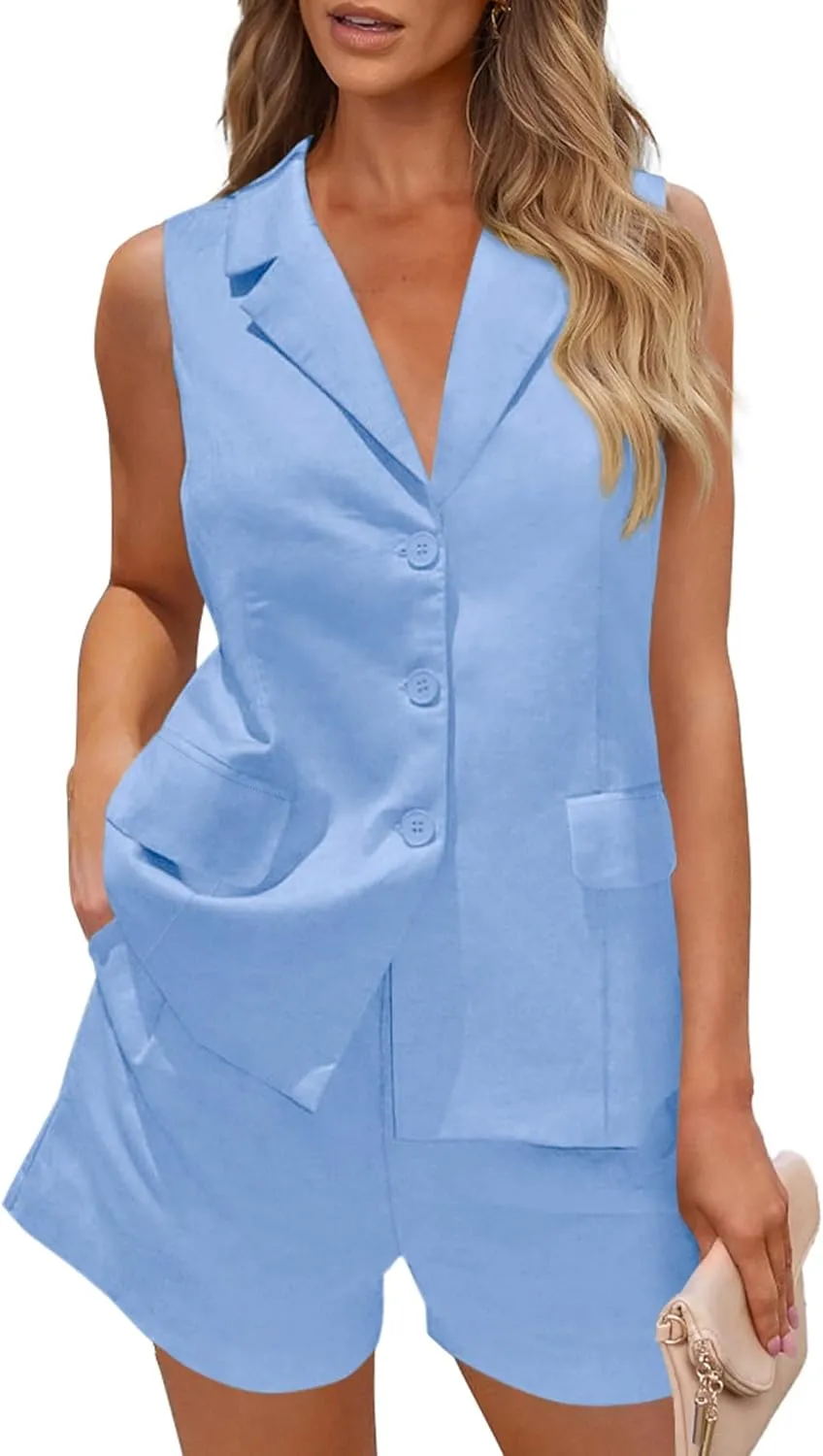 PRETTYGARDEN Women Summer 2 Piece Outfits 2025 Casual Lapel V Neck Button Down Vest Shorts Set Business Work Blazer Sets