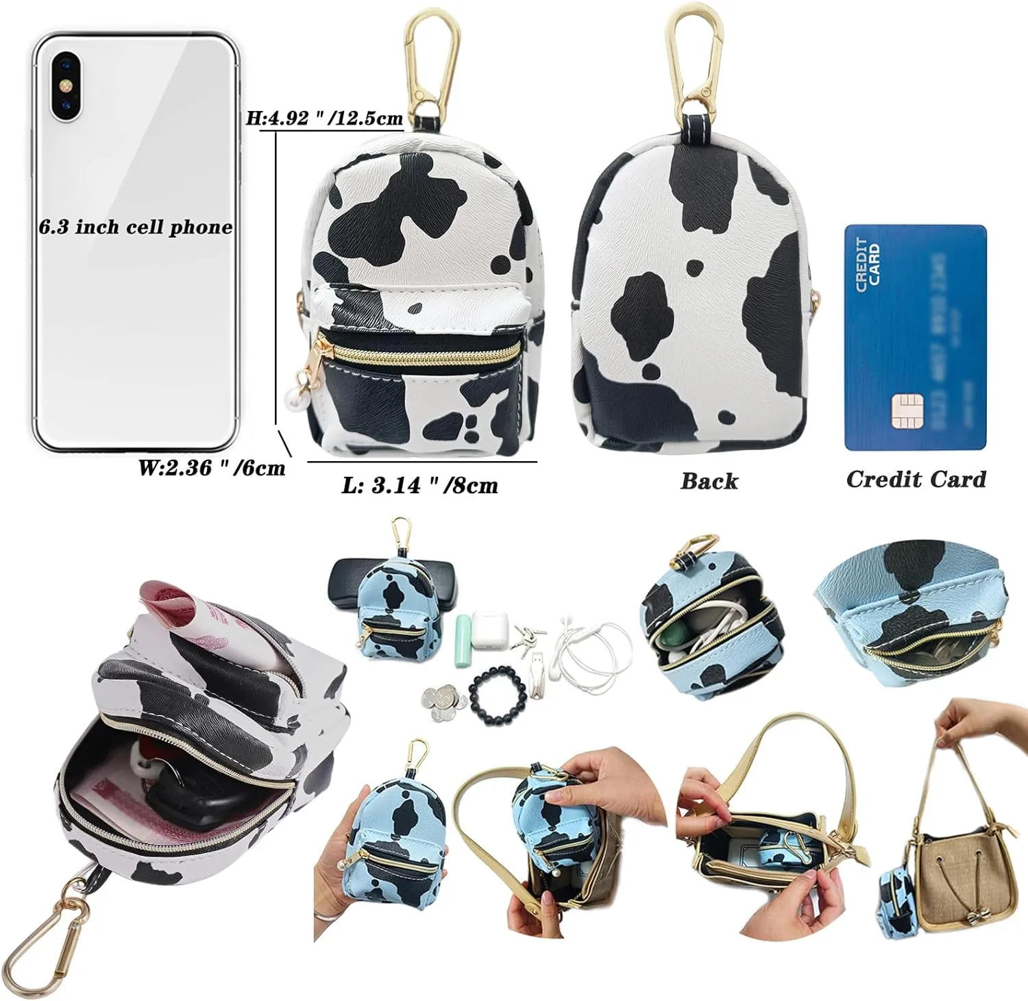 Printed Cow Pattern Coin Purse Pouch Real Littles Backpack Mini Backpack Style Key Chain Coin Purse for Women Small Wallets Purse Keychain Coin Pouch Bags (White)