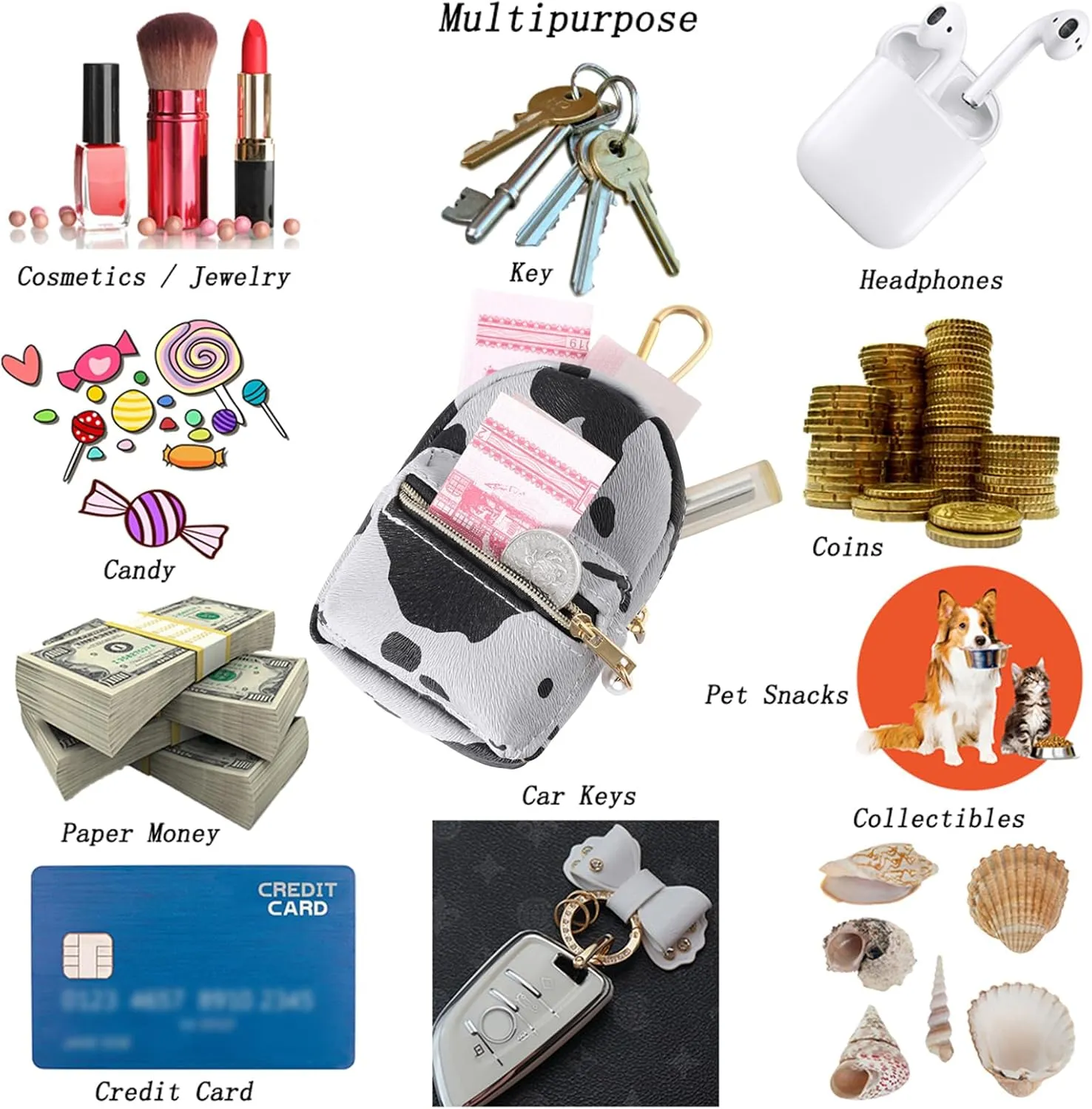 Printed Cow Pattern Coin Purse Pouch Real Littles Backpack Mini Backpack Style Key Chain Coin Purse for Women Small Wallets Purse Keychain Coin Pouch Bags (White)