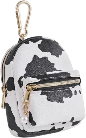 Printed Cow Pattern Coin Purse Pouch Real Littles Backpack Mini Backpack Style Key Chain Coin Purse for Women Small Wallets Purse Keychain Coin Pouch Bags (White)