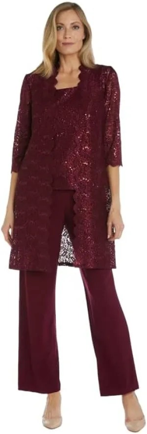 R&M Richards Mother of The Bride Pant Suit, 3 Pieces Dress Set | Sleeveless with Matching Lace Jacket