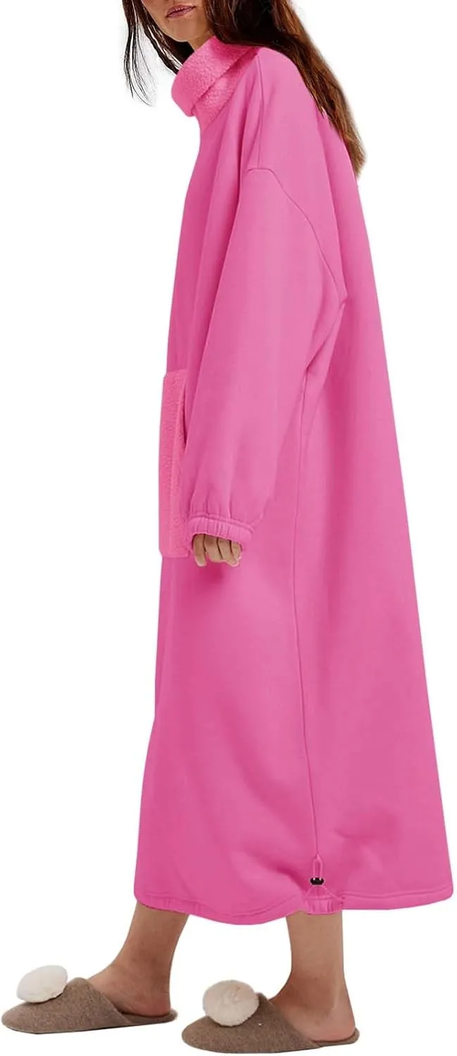 ReachMe Womens Oversized Long Fleece Sweatshirt Dresses Thickening Lounge Maxi Dress Plush Turtleneck Pullover Nightgowns