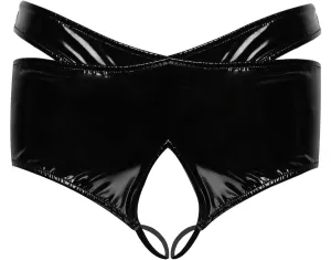 RENLIANG-CLOTH Mens Lingerie Underwear Front With Hole Faux Leather Black 2-Piece Pants