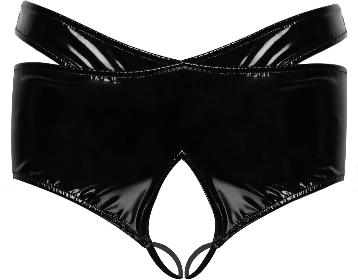 RENLIANG-CLOTH Mens Lingerie Underwear Front With Hole Faux Leather Black 2-Piece Pants
