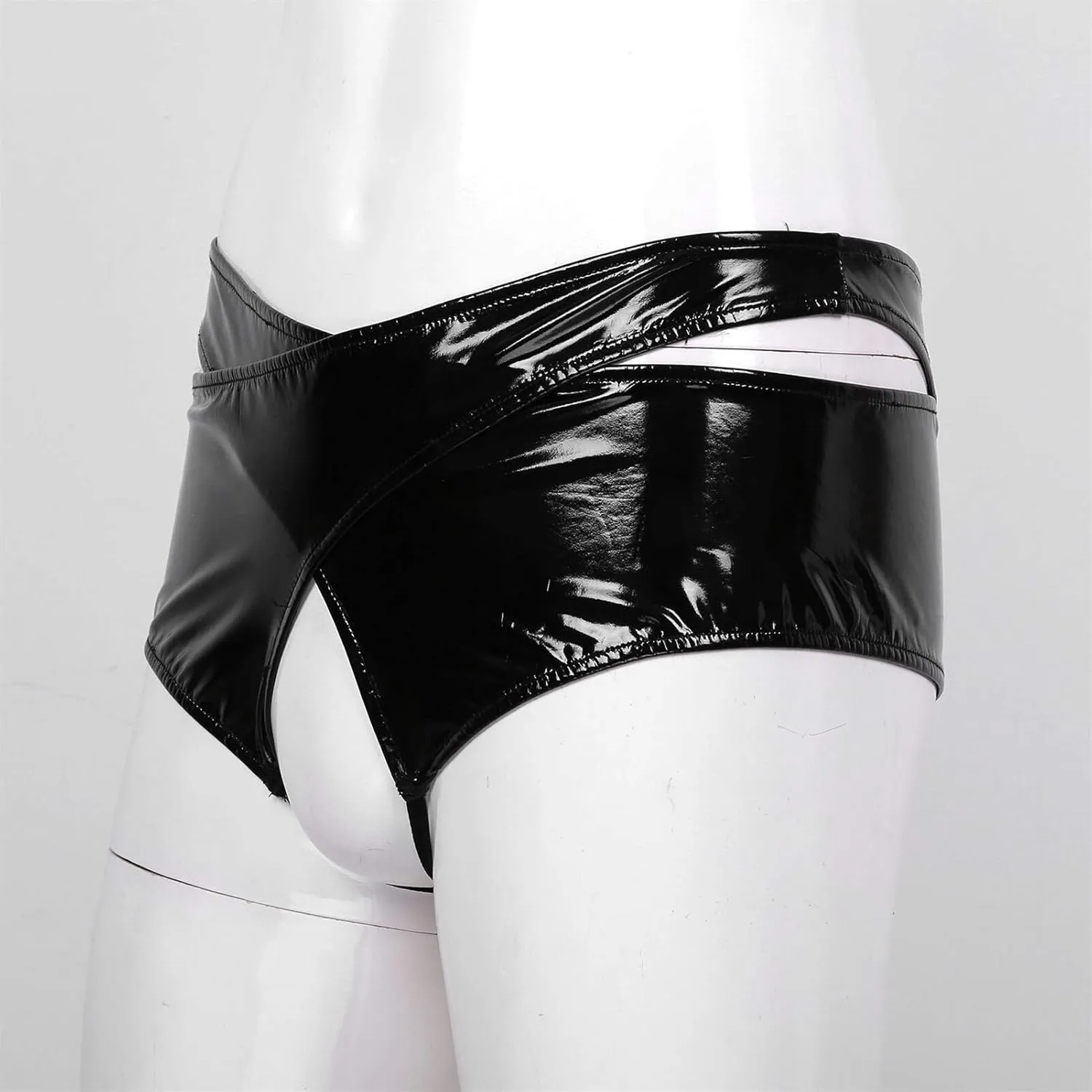 RENLIANG-CLOTH Mens Lingerie Underwear Front With Hole Faux Leather Black 2-Piece Pants