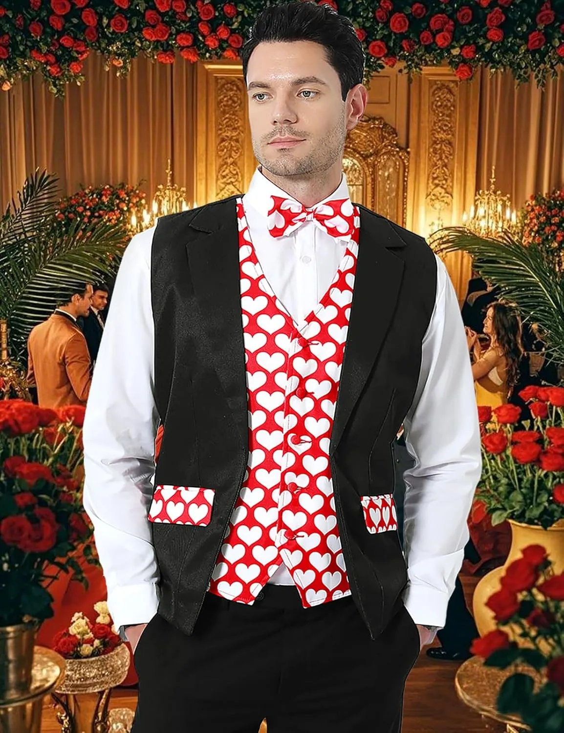 Roseelf Men's Festival Fake 2-Piece Suit Vest with Bowtie