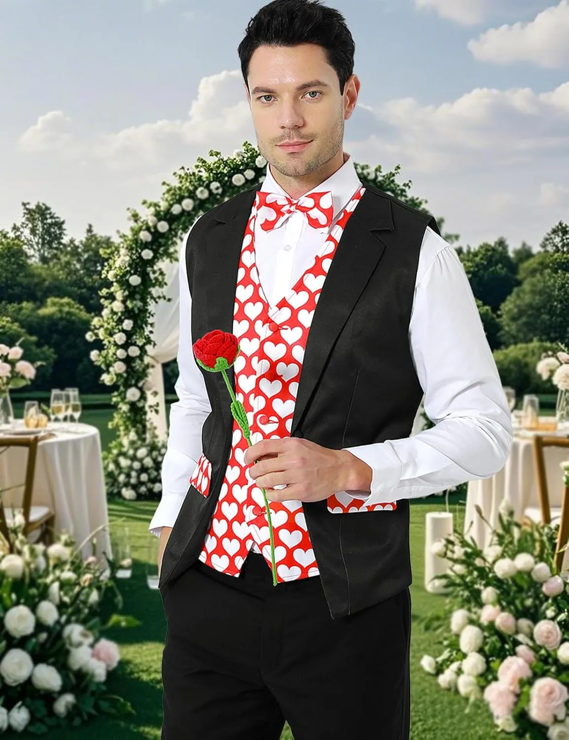 Roseelf Men's Festival Fake 2-Piece Suit Vest with Bowtie