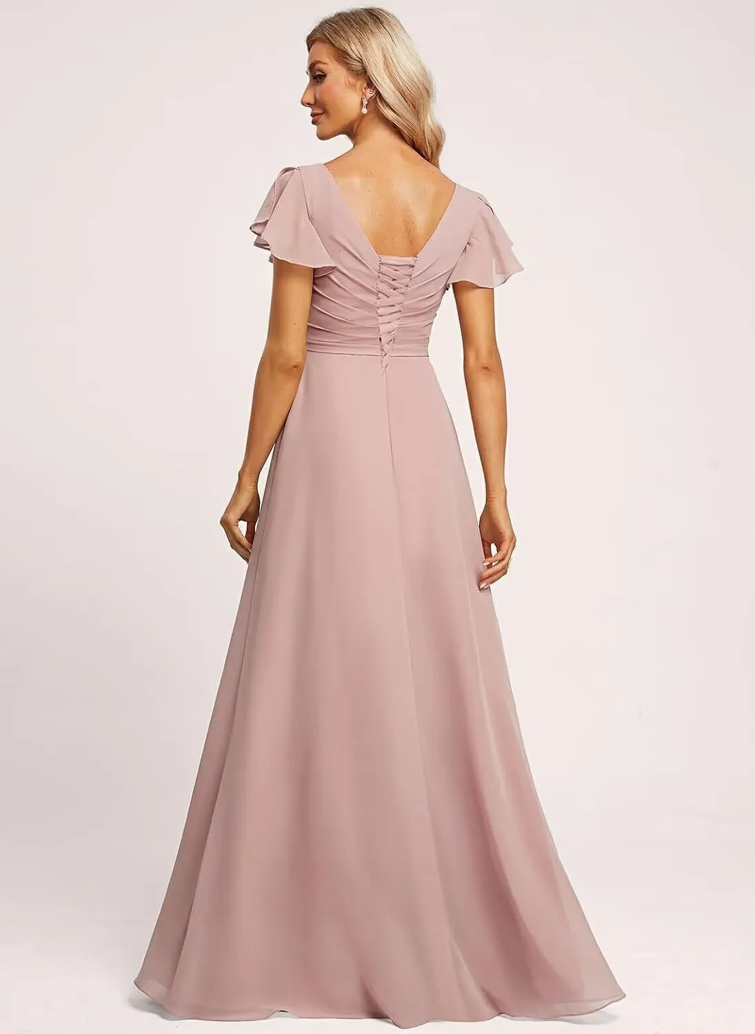 Ruffle Sleeve Chiffon Bridesmaid Dresses for Women Long V Neck Empire Waist Formal Dress with Pockets