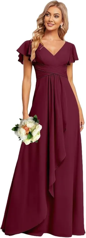 Ruffle Sleeve Chiffon Bridesmaid Dresses for Women Long V Neck Empire Waist Formal Dress with Pockets