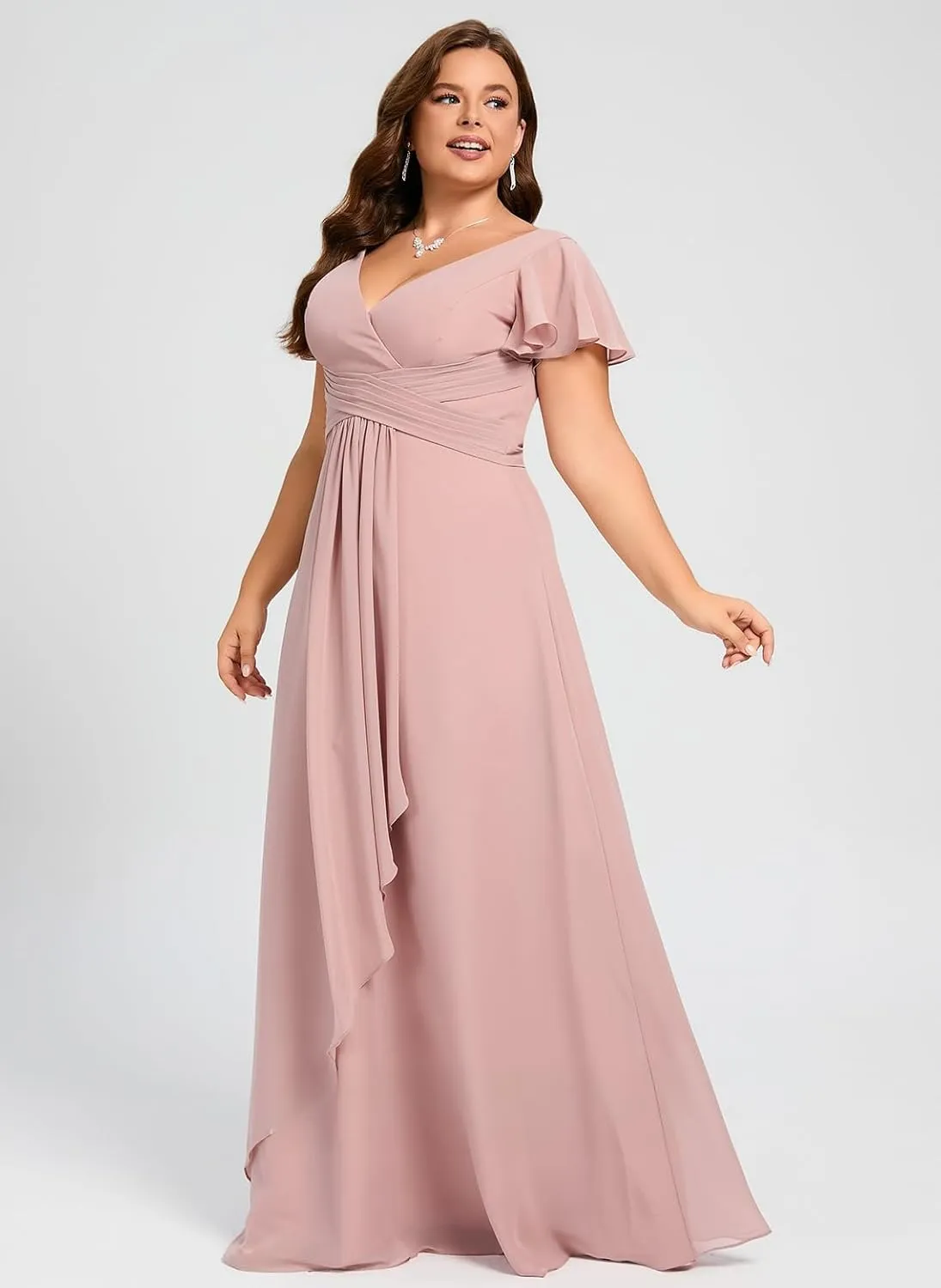 Ruffle Sleeve Chiffon Bridesmaid Dresses for Women Long V Neck Empire Waist Formal Dress with Pockets