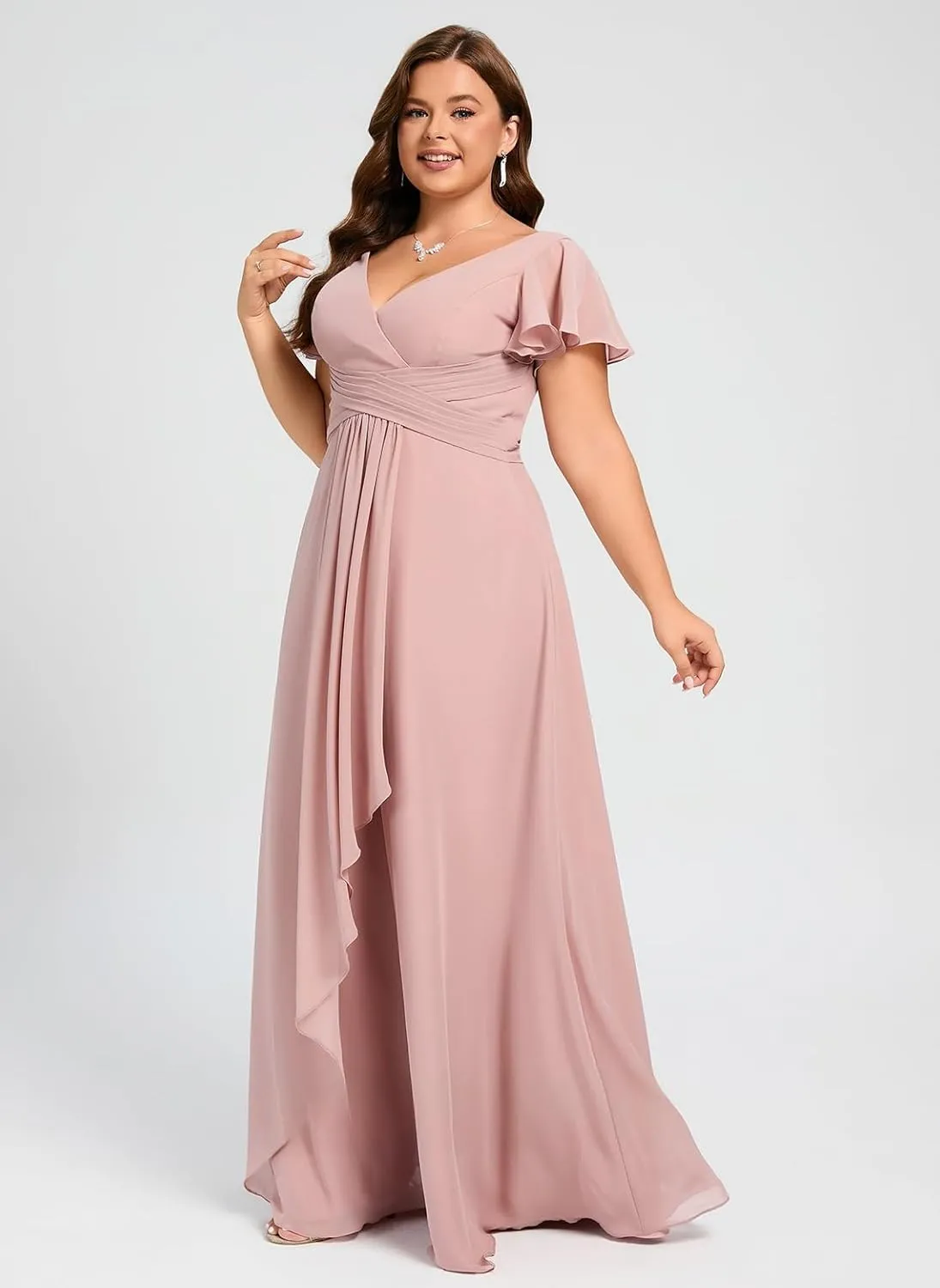 Ruffle Sleeve Chiffon Bridesmaid Dresses for Women Long V Neck Empire Waist Formal Dress with Pockets