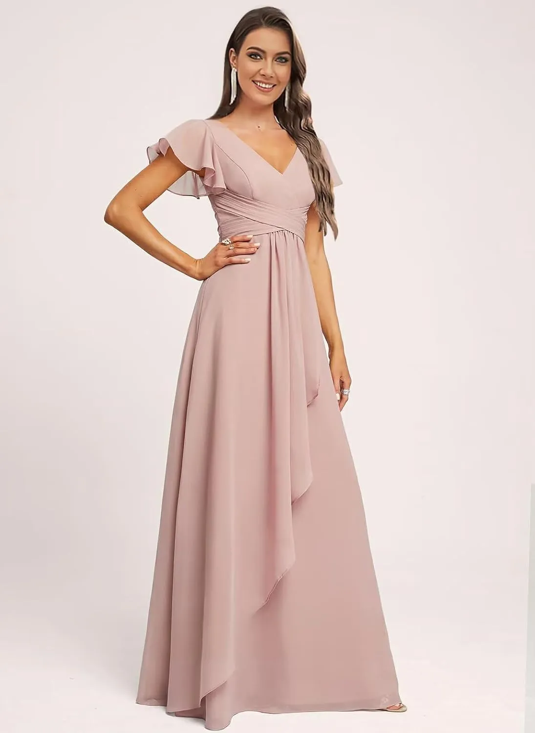 Ruffle Sleeve Chiffon Bridesmaid Dresses for Women Long V Neck Empire Waist Formal Dress with Pockets