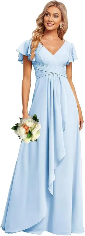 Ruffle Sleeve Chiffon Bridesmaid Dresses for Women Long V Neck Empire Waist Formal Dress with Pockets