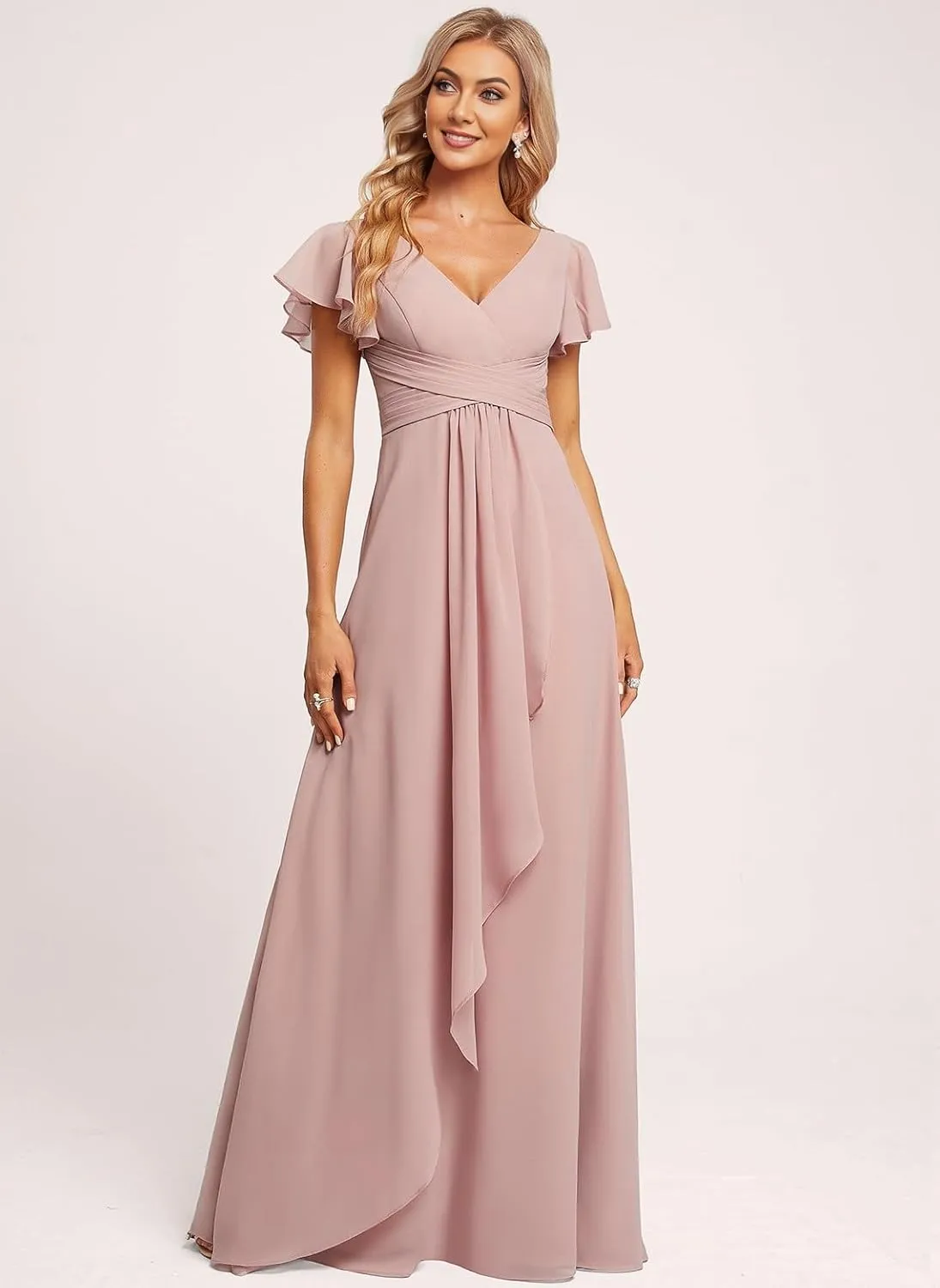 Ruffle Sleeve Chiffon Bridesmaid Dresses for Women Long V Neck Empire Waist Formal Dress with Pockets