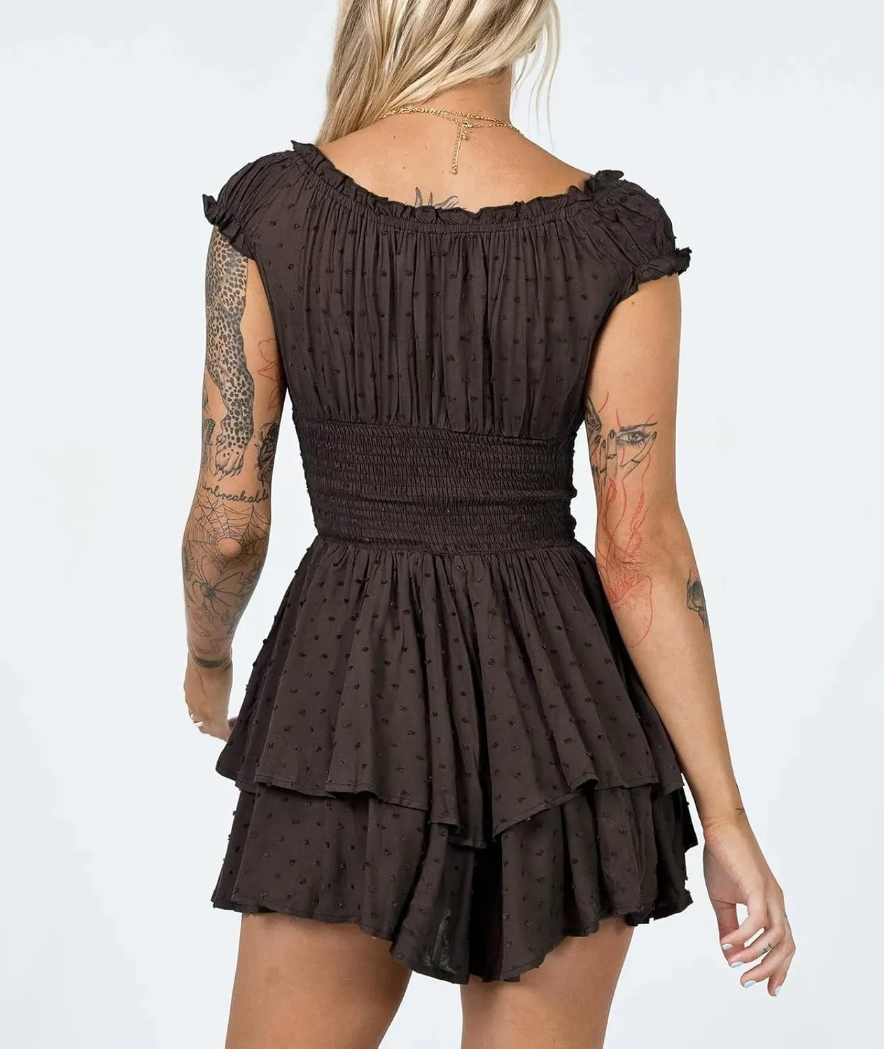 R.Vivimos Women's Summer Cotton Puff Sleeves Layered Ruffles Casual Boho Swing Mini Dresses