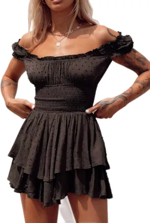 R.Vivimos Women's Summer Cotton Puff Sleeves Layered Ruffles Casual Boho Swing Mini Dresses