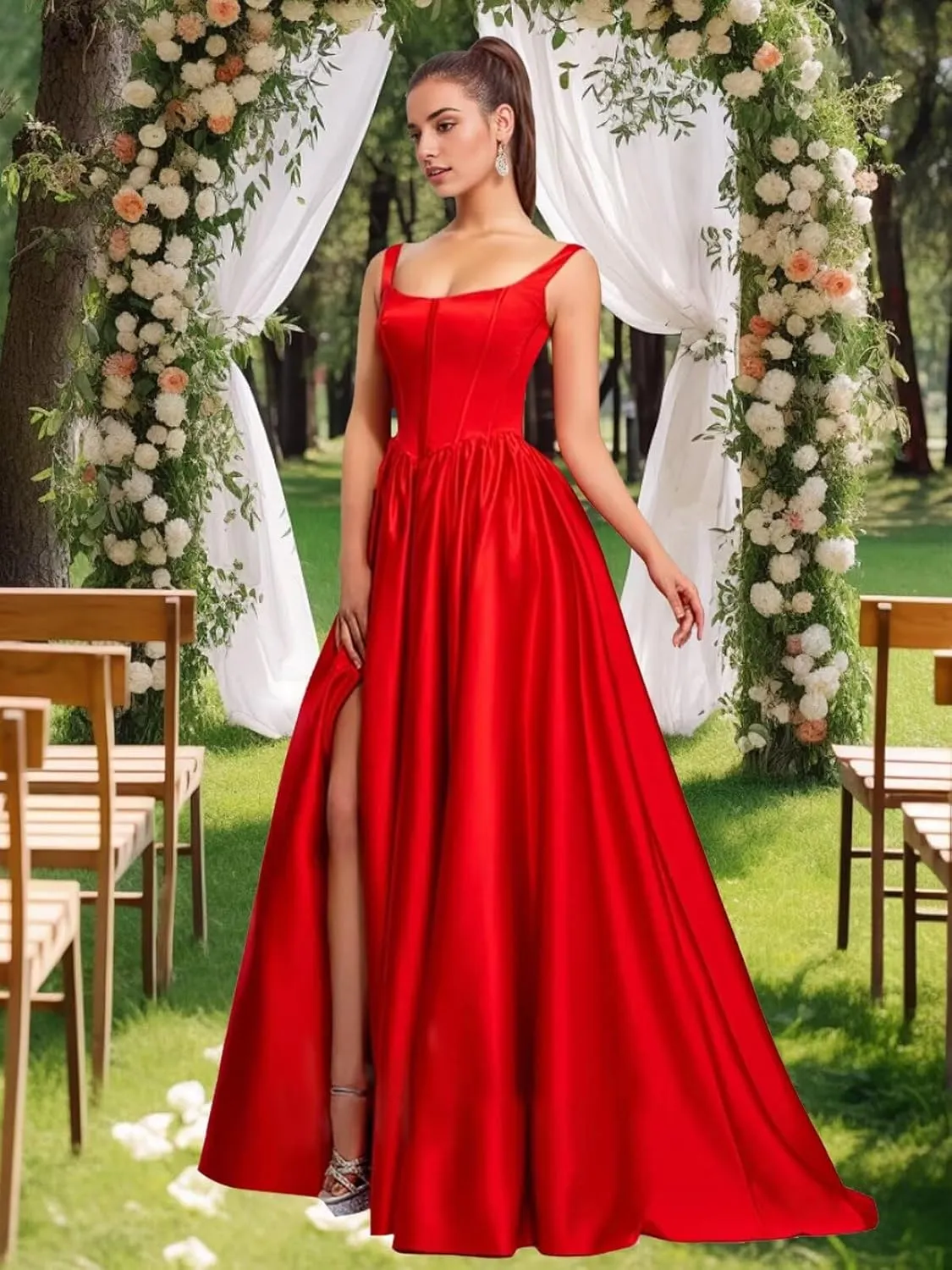 Satin Ball Gown Prom Dress Long Sleeveless Simple Formal Dresses for Women Wedding Gown with Slit