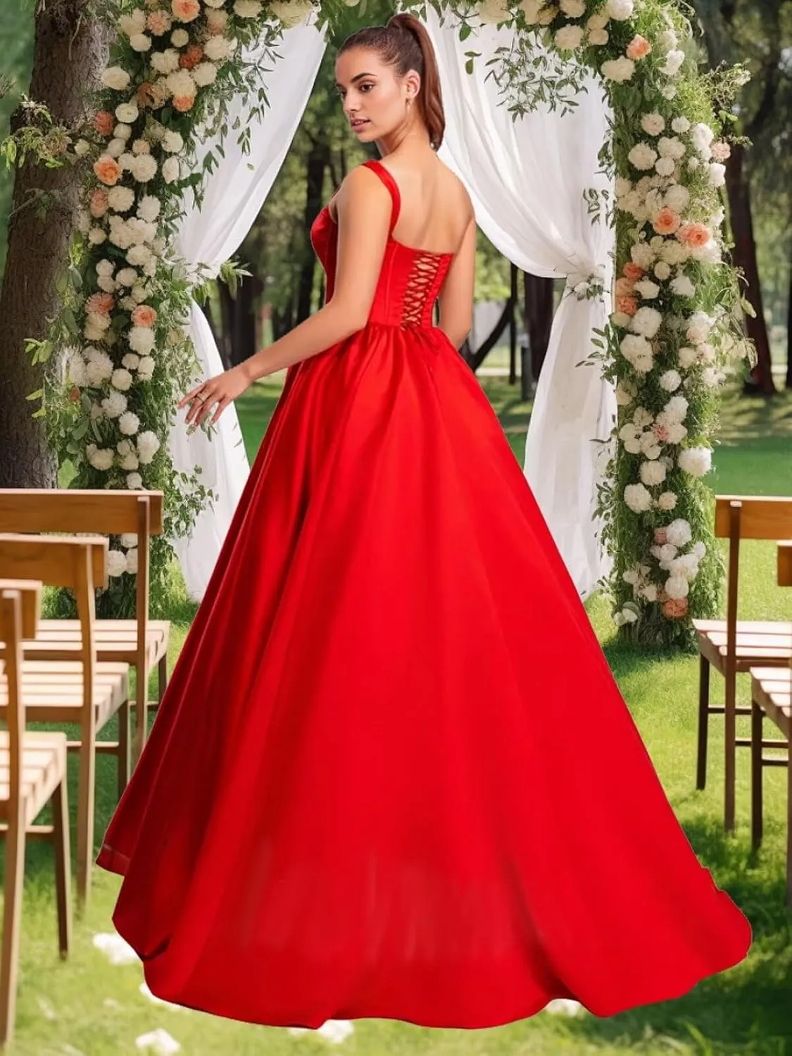 Satin Ball Gown Prom Dress Long Sleeveless Simple Formal Dresses for Women Wedding Gown with Slit