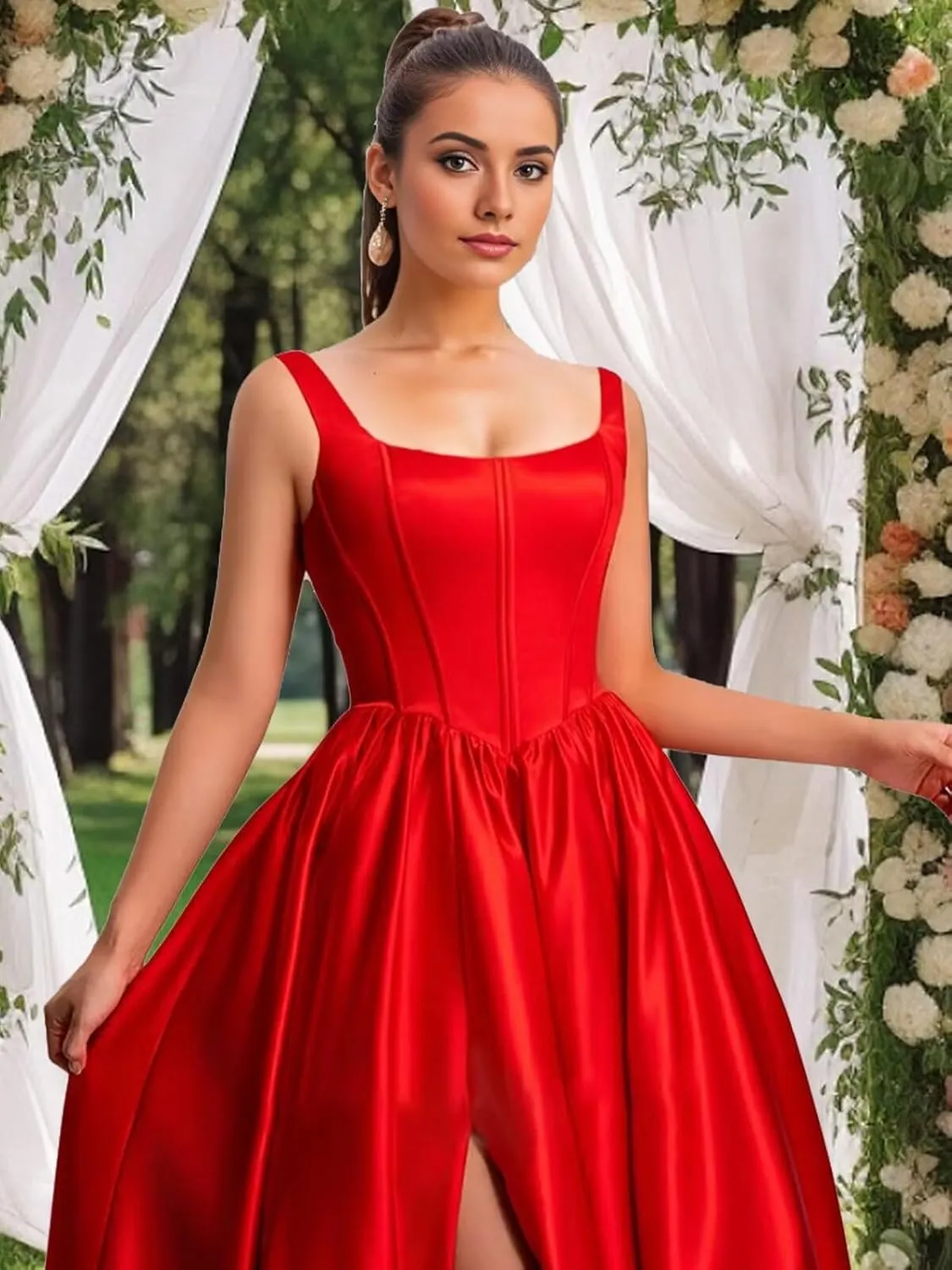 Satin Ball Gown Prom Dress Long Sleeveless Simple Formal Dresses for Women Wedding Gown with Slit