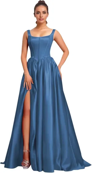 Satin Ball Gown Prom Dress Long Sleeveless Simple Formal Dresses for Women Wedding Gown with Slit