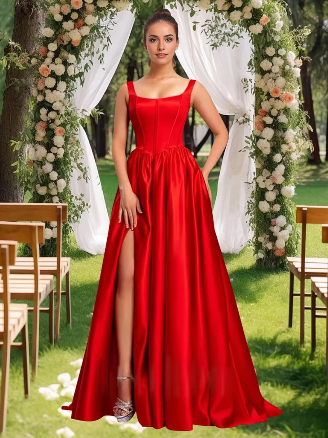 Satin Ball Gown Prom Dress Long Sleeveless Simple Formal Dresses for Women Wedding Gown with Slit