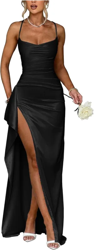 Satin Bridesmaid Dresses 2025 Prom Dress Pleated Spaghetti Straps Formal Evening Gowns with Slit