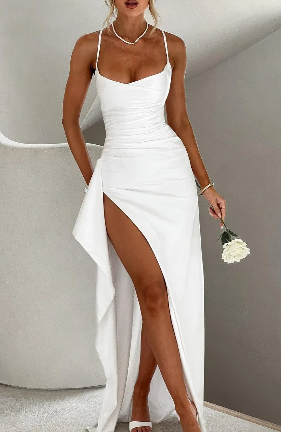 Satin Bridesmaid Dresses 2025 Prom Dress Pleated Spaghetti Straps Formal Evening Gowns with Slit