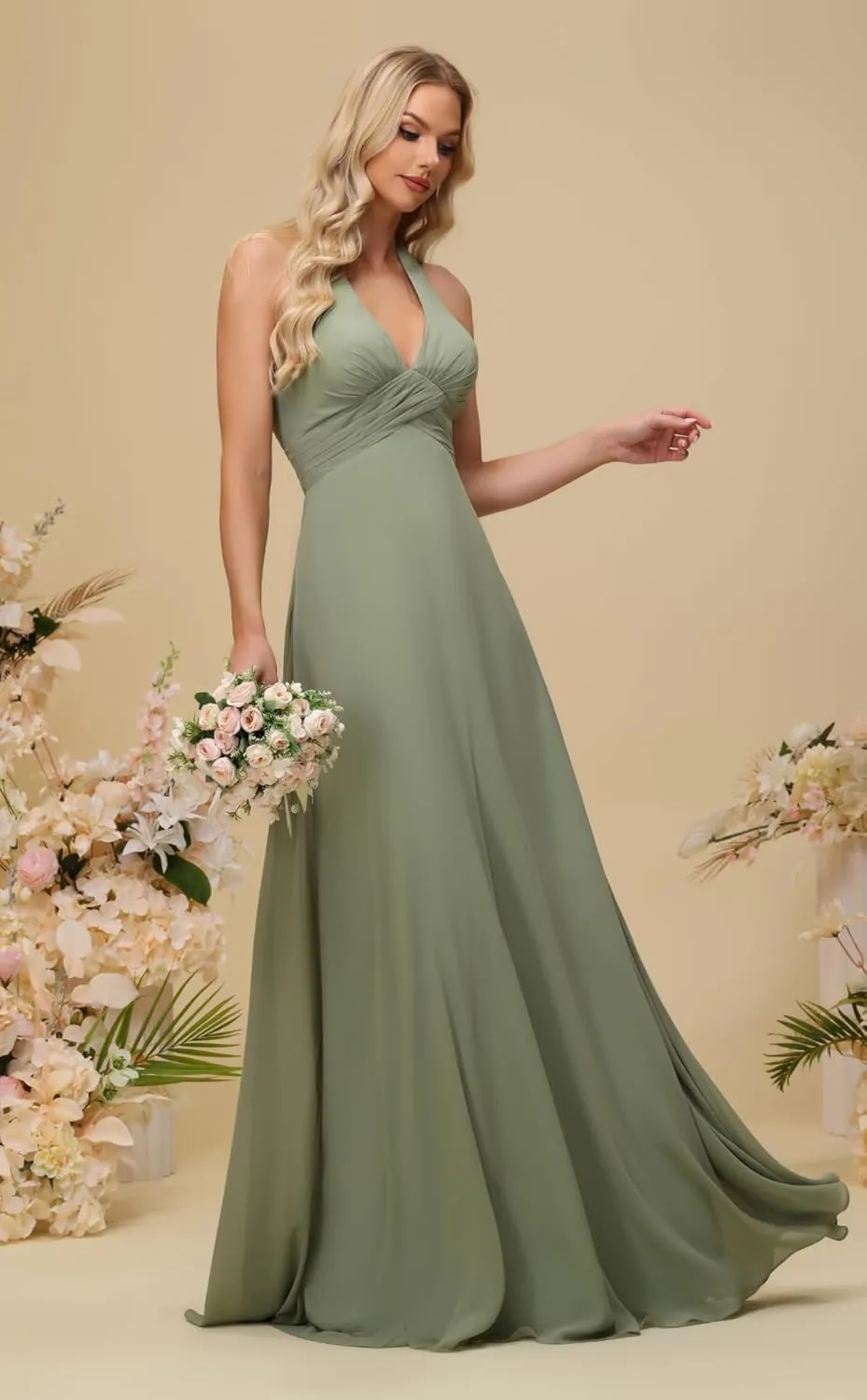 Sevintage Bridesmaid Dresses for Women 2025 Long Halter Chiffon Pleated A-Line Formal Party Gowns