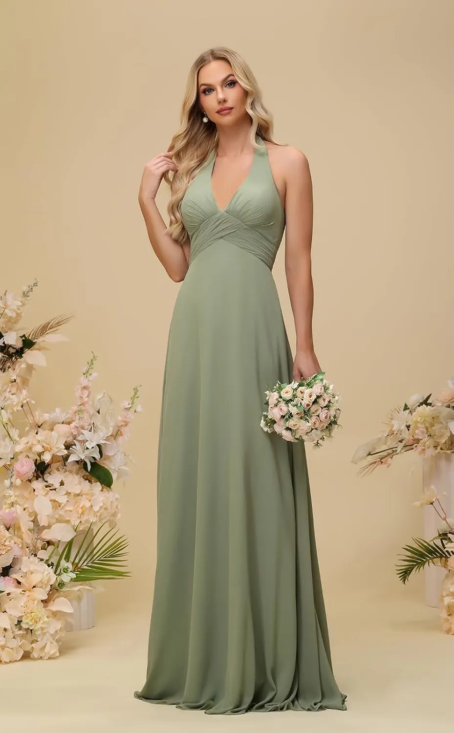 Sevintage Bridesmaid Dresses for Women 2025 Long Halter Chiffon Pleated A-Line Formal Party Gowns