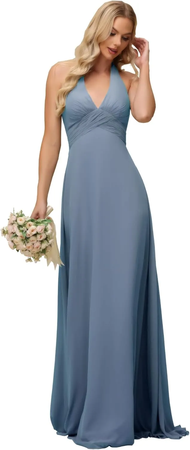 Sevintage Bridesmaid Dresses for Women 2025 Long Halter Chiffon Pleated A-Line Formal Party Gowns