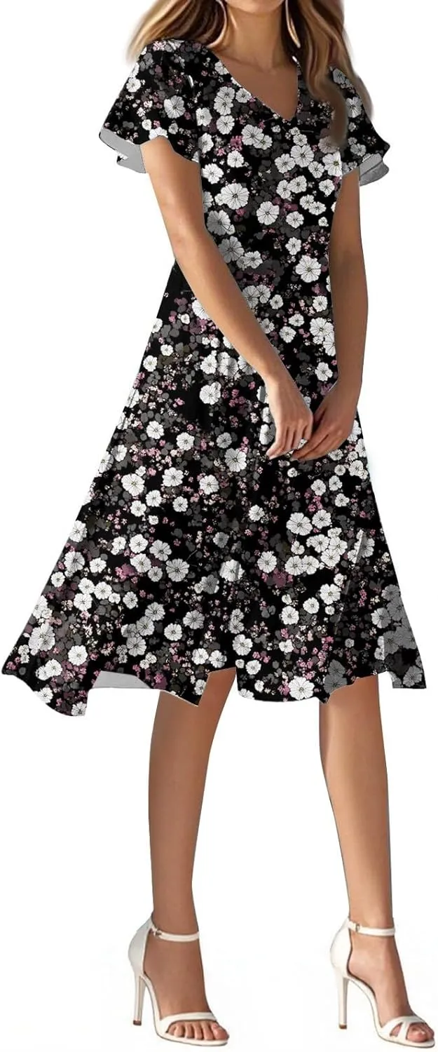 Sexy Dresses for Women Date Night V Neck Boho Knee Length Summer 2025 Tie Dye Floral Short Sleeve Short Skirt