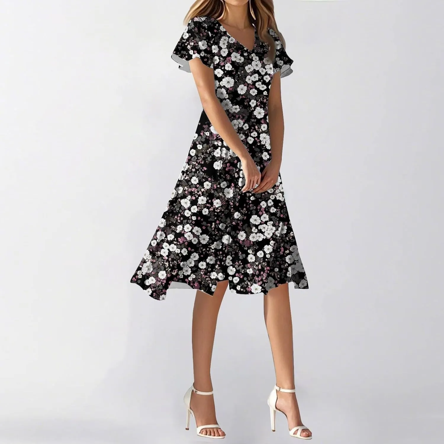 Sexy Dresses for Women Date Night V Neck Boho Knee Length Summer 2025 Tie Dye Floral Short Sleeve Short Skirt