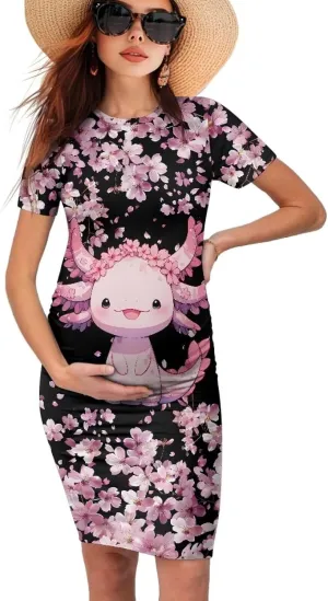 Short Sleeve Maternity Dresses for Women Plus Size Soft and Stretch Crewneck Pregnancy Bodycon Midi Dress S-2XL