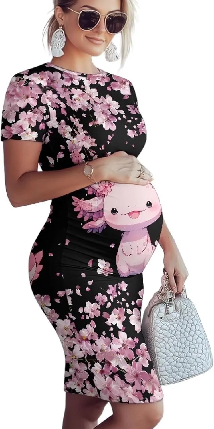 Short Sleeve Maternity Dresses for Women Plus Size Soft and Stretch Crewneck Pregnancy Bodycon Midi Dress S-2XL
