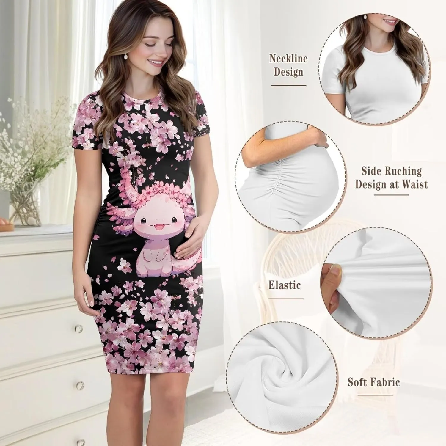 Short Sleeve Maternity Dresses for Women Plus Size Soft and Stretch Crewneck Pregnancy Bodycon Midi Dress S-2XL
