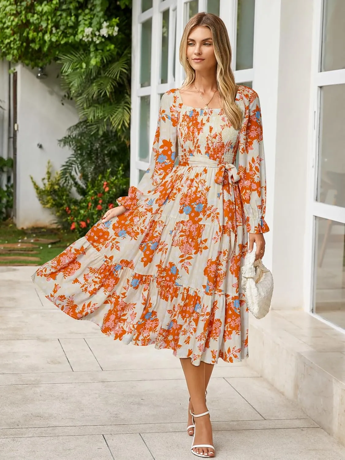 Simplee Womens Long Sleeve Maxi Floral Dress Casual Square Neck Long Flowy Boho Dresses