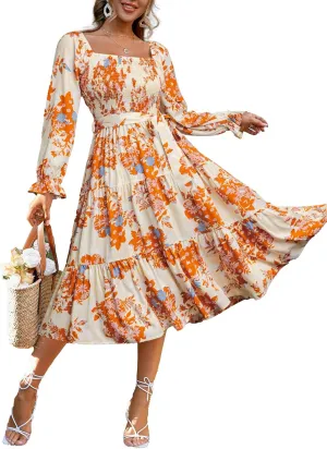Simplee Womens Long Sleeve Maxi Floral Dress Casual Square Neck Long Flowy Boho Dresses