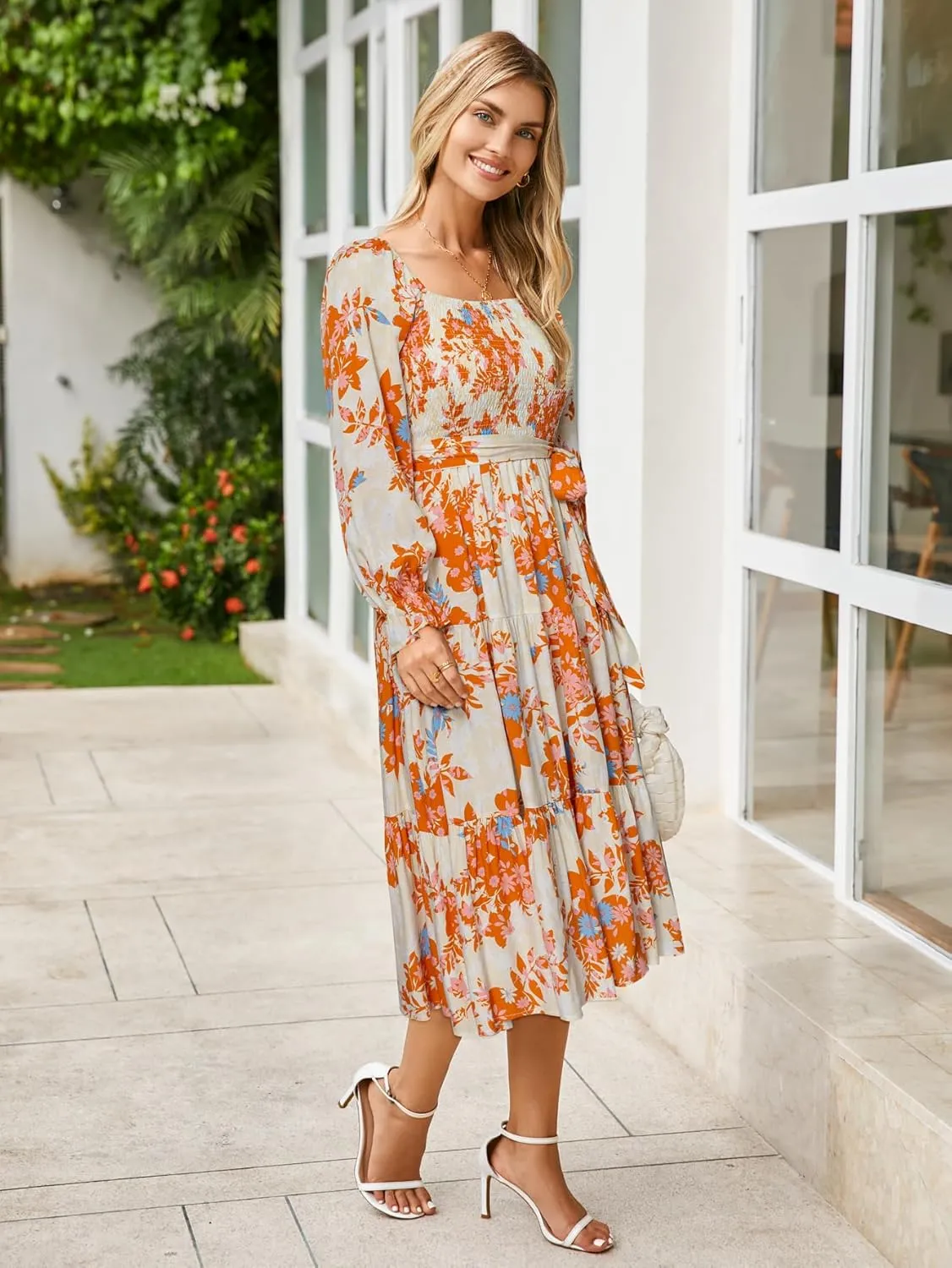 Simplee Womens Long Sleeve Maxi Floral Dress Casual Square Neck Long Flowy Boho Dresses