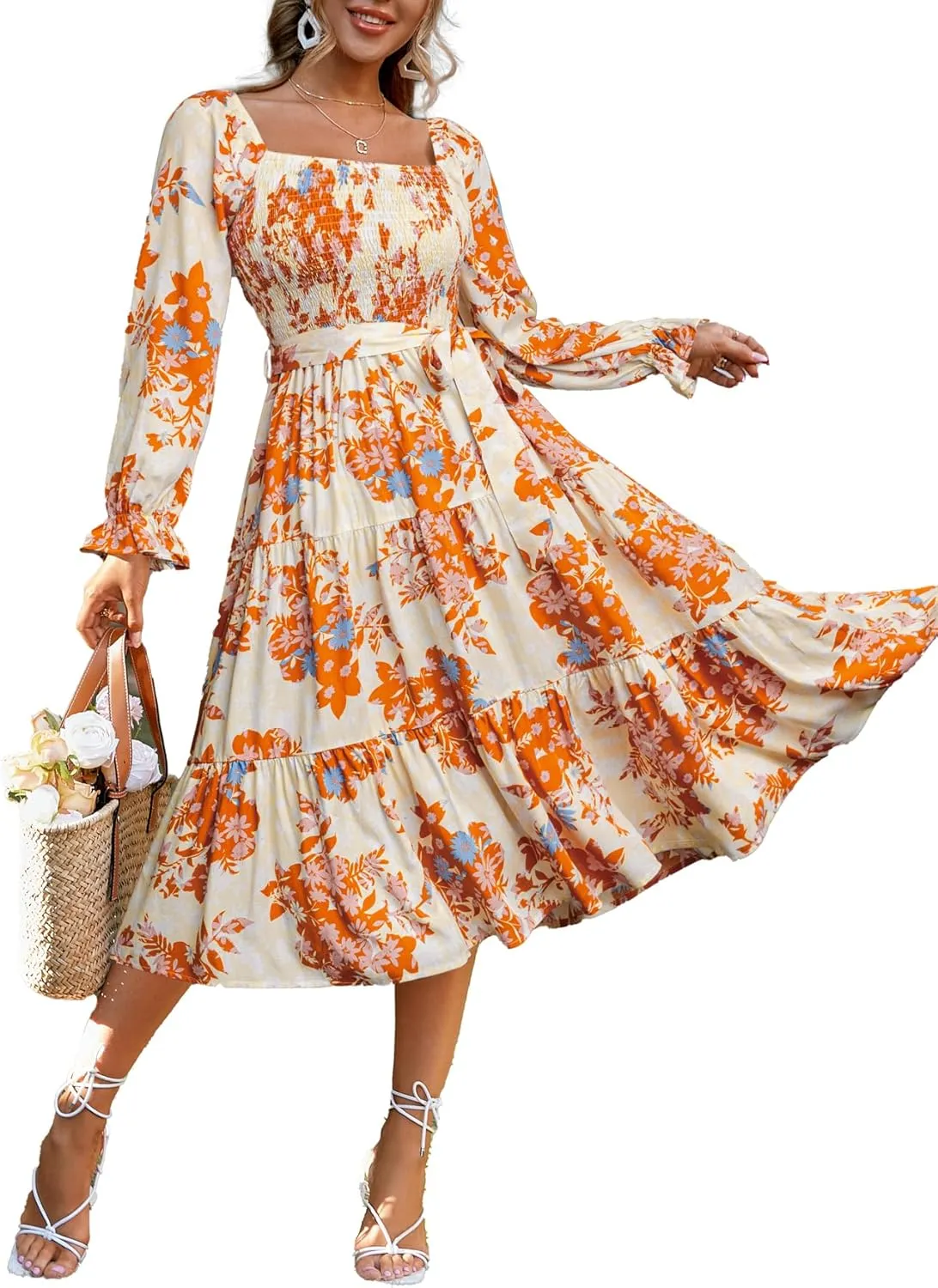Simplee Womens Long Sleeve Maxi Floral Dress Casual Square Neck Long Flowy Boho Dresses