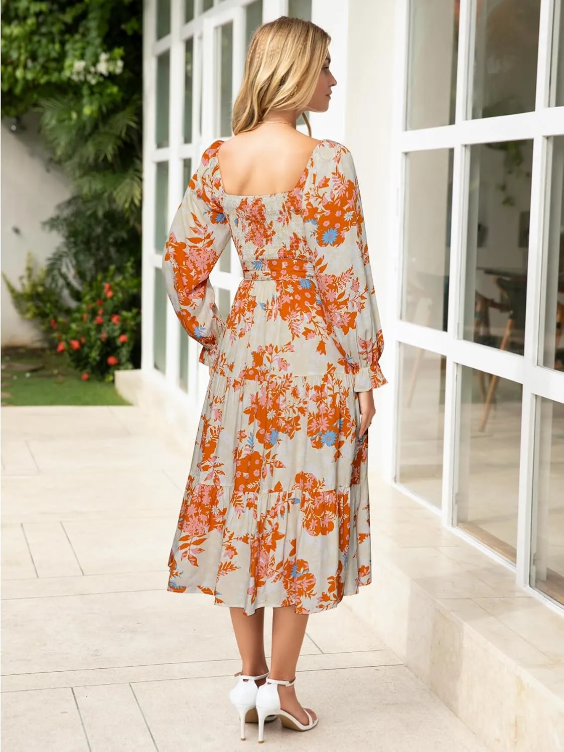 Simplee Womens Long Sleeve Maxi Floral Dress Casual Square Neck Long Flowy Boho Dresses