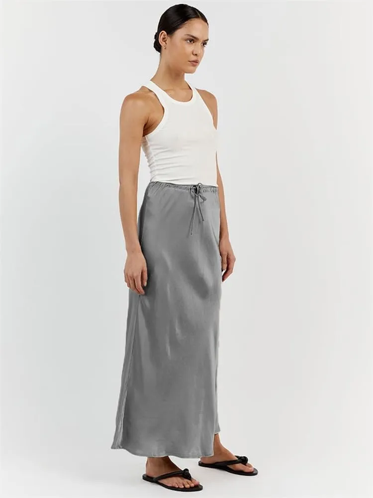SOLILOQUY Womens Long Skirt Drawstring High Waist Solid Satin Silk Maxi Skirt Elegant A-line Skirts