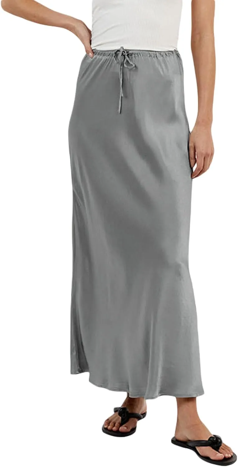 SOLILOQUY Womens Long Skirt Drawstring High Waist Solid Satin Silk Maxi Skirt Elegant A-line Skirts