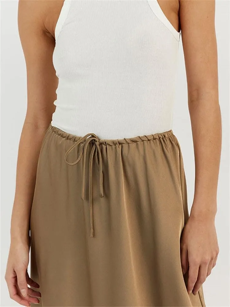 SOLILOQUY Womens Long Skirt Drawstring High Waist Solid Satin Silk Maxi Skirt Elegant A-line Skirts