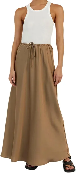 SOLILOQUY Womens Long Skirt Drawstring High Waist Solid Satin Silk Maxi Skirt Elegant A-line Skirts