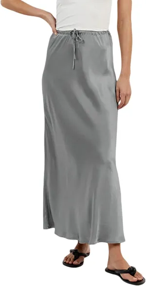 SOLILOQUY Womens Long Skirt Drawstring High Waist Solid Satin Silk Maxi Skirt Elegant A-line Skirts