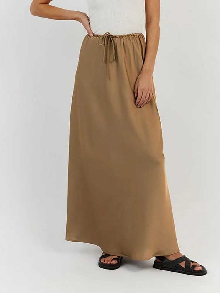 SOLILOQUY Womens Long Skirt Drawstring High Waist Solid Satin Silk Maxi Skirt Elegant A-line Skirts