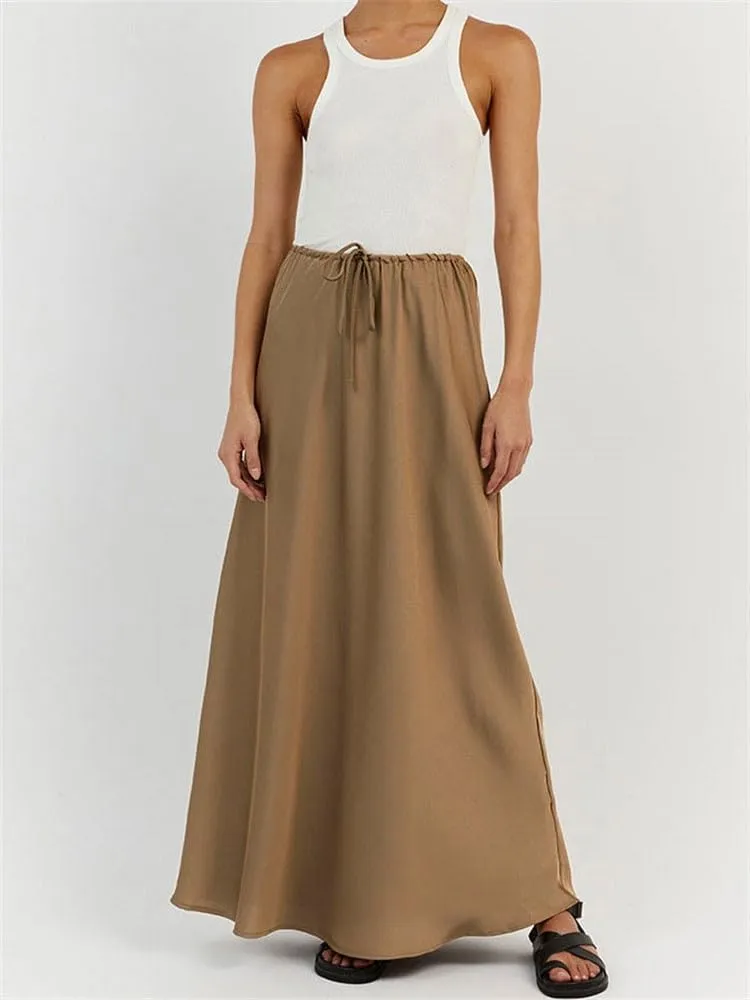 SOLILOQUY Womens Long Skirt Drawstring High Waist Solid Satin Silk Maxi Skirt Elegant A-line Skirts