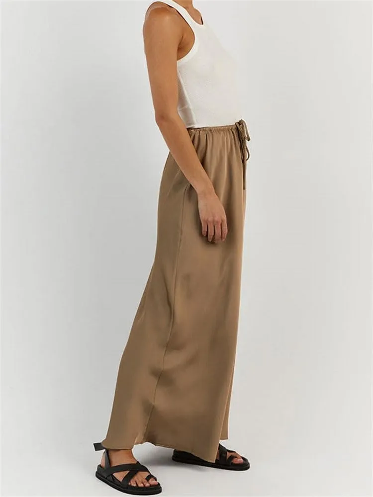 SOLILOQUY Womens Long Skirt Drawstring High Waist Solid Satin Silk Maxi Skirt Elegant A-line Skirts