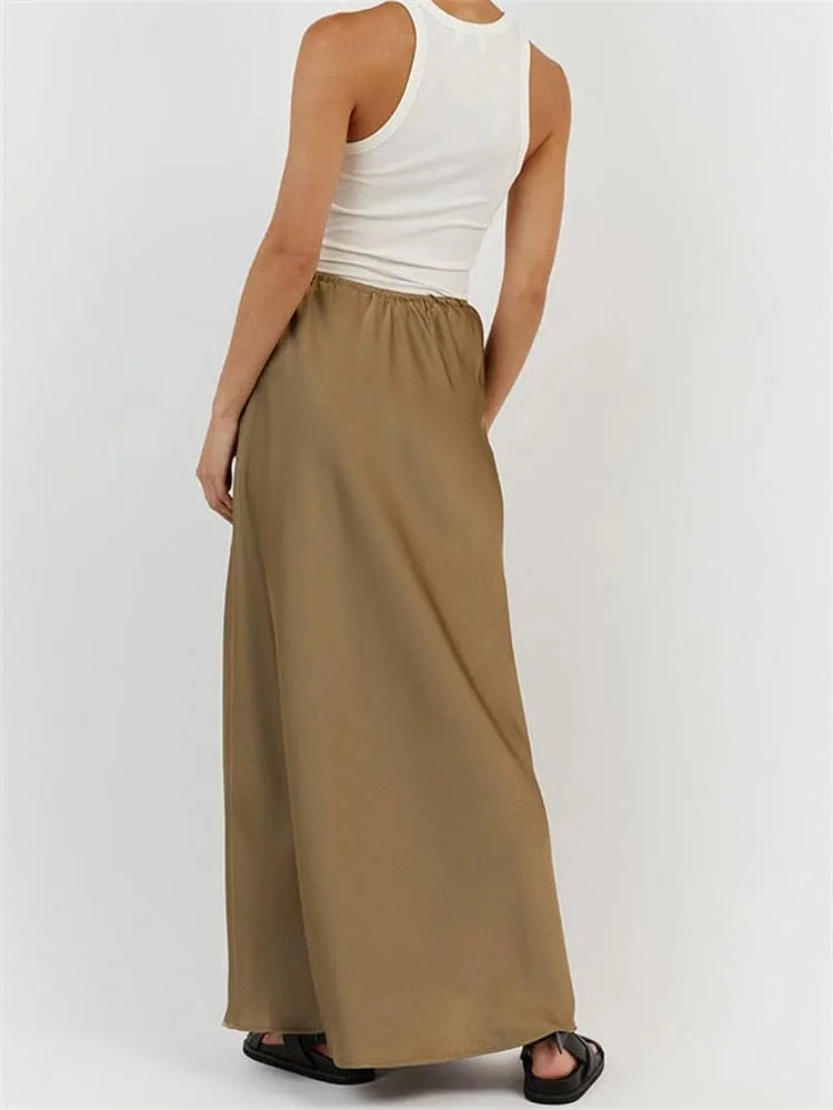 SOLILOQUY Womens Long Skirt Drawstring High Waist Solid Satin Silk Maxi Skirt Elegant A-line Skirts