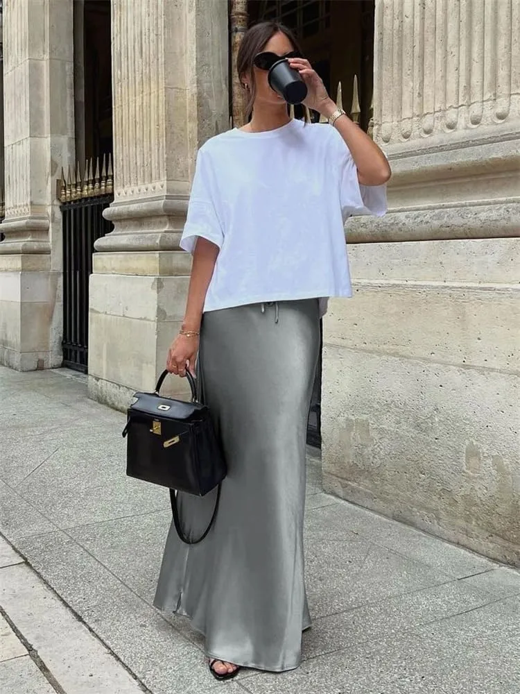 SOLILOQUY Womens Long Skirt Drawstring High Waist Solid Satin Silk Maxi Skirt Elegant A-line Skirts